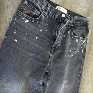 Zara, Studded Dark Gray Straight Leg Jeans, US 4, EUR 36, Jeweled Denin